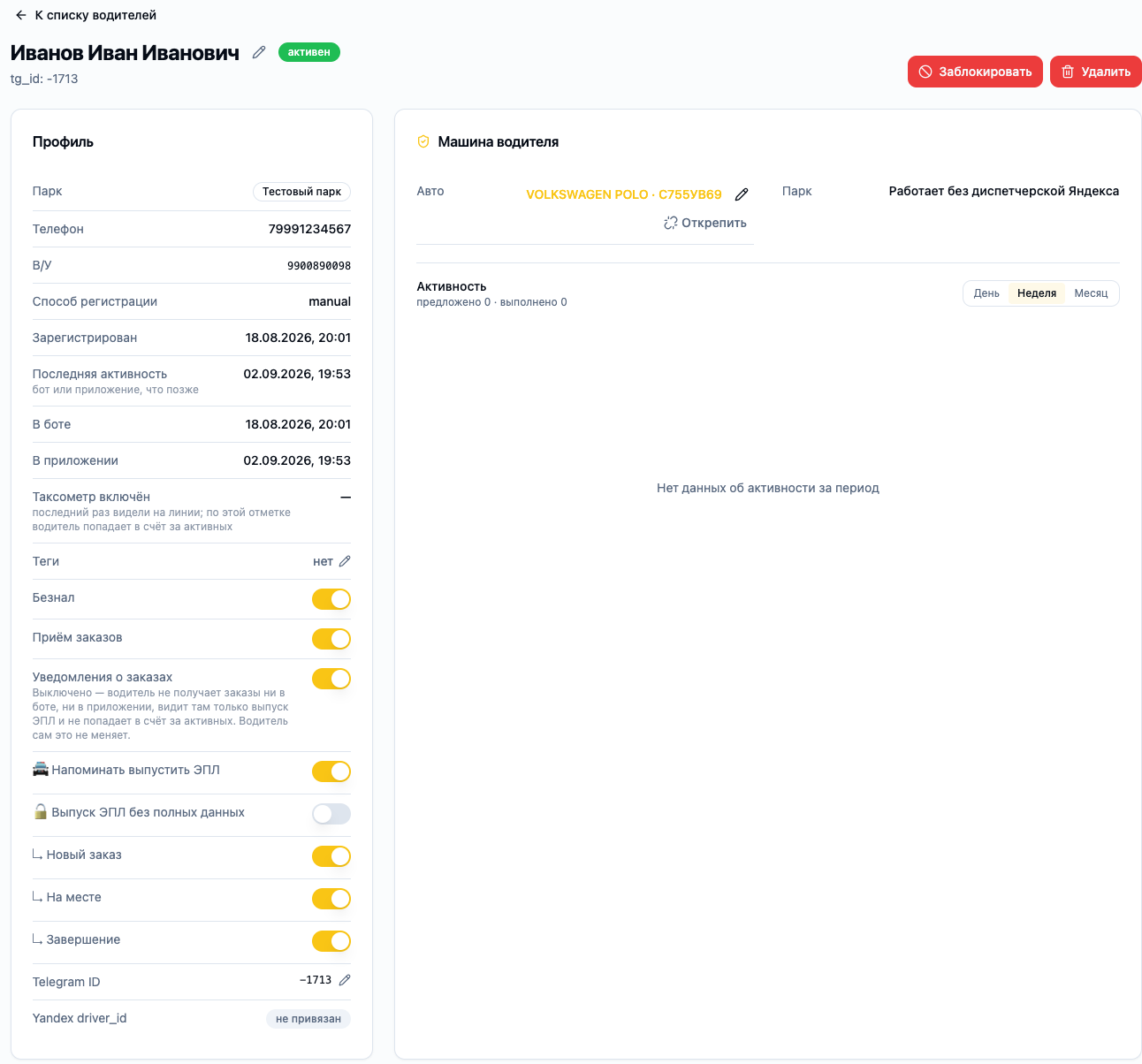 Карточка водителя в CRM NOTAXI