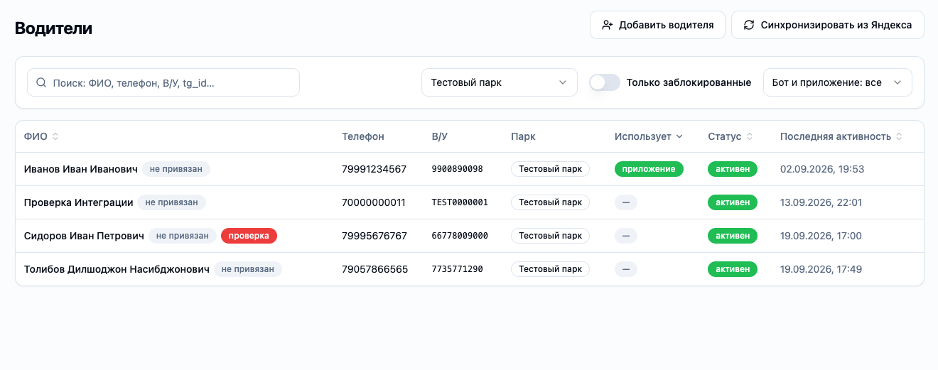 Список водителей в CRM NOTAXI